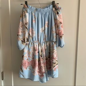 Pink Owl Off-The-Shoulder Blue Floral Romper